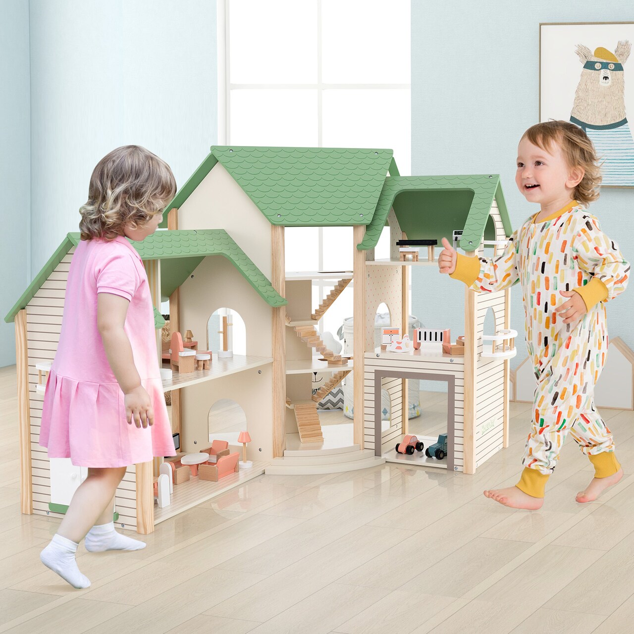 Wooden Corner Dollhouse Playset with 6 Rooms and 36 Pieces for Kids 3+ Years Old - 34" x 14.5" x 32.5" (L x W x H)